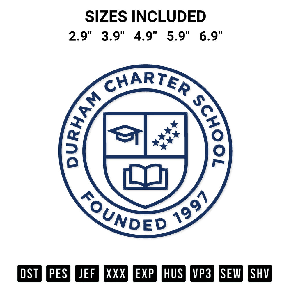 Discover the perfect addition to your crafting collection: Durham Charter School Founded 1997 Embroidery Design embroidery file. Instantly available at Designspacks.com. Available sizes: 2.9", 3.9", 4.9", 5.9", 6.9".
