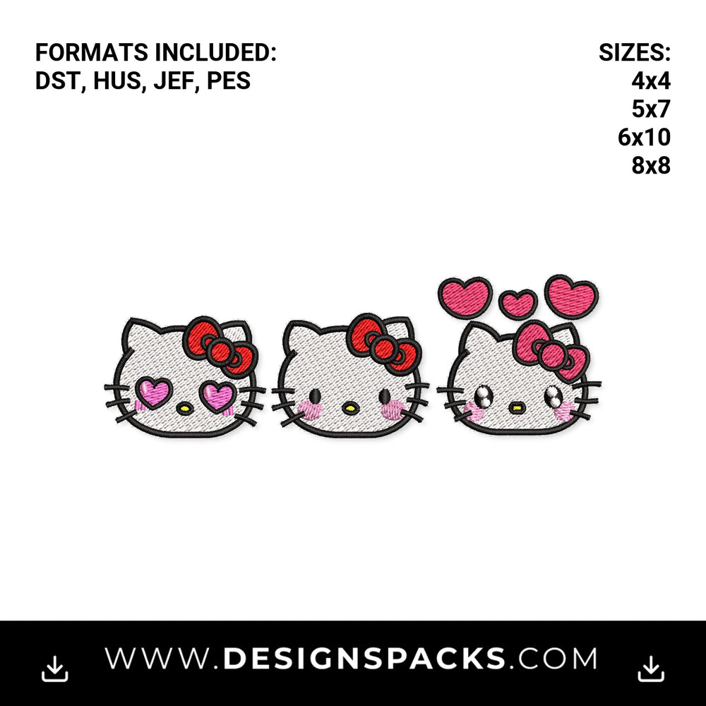 Cute Kitty Faces with Hearts Embroidery Design - Instant digital download pattern at Designspacks.com