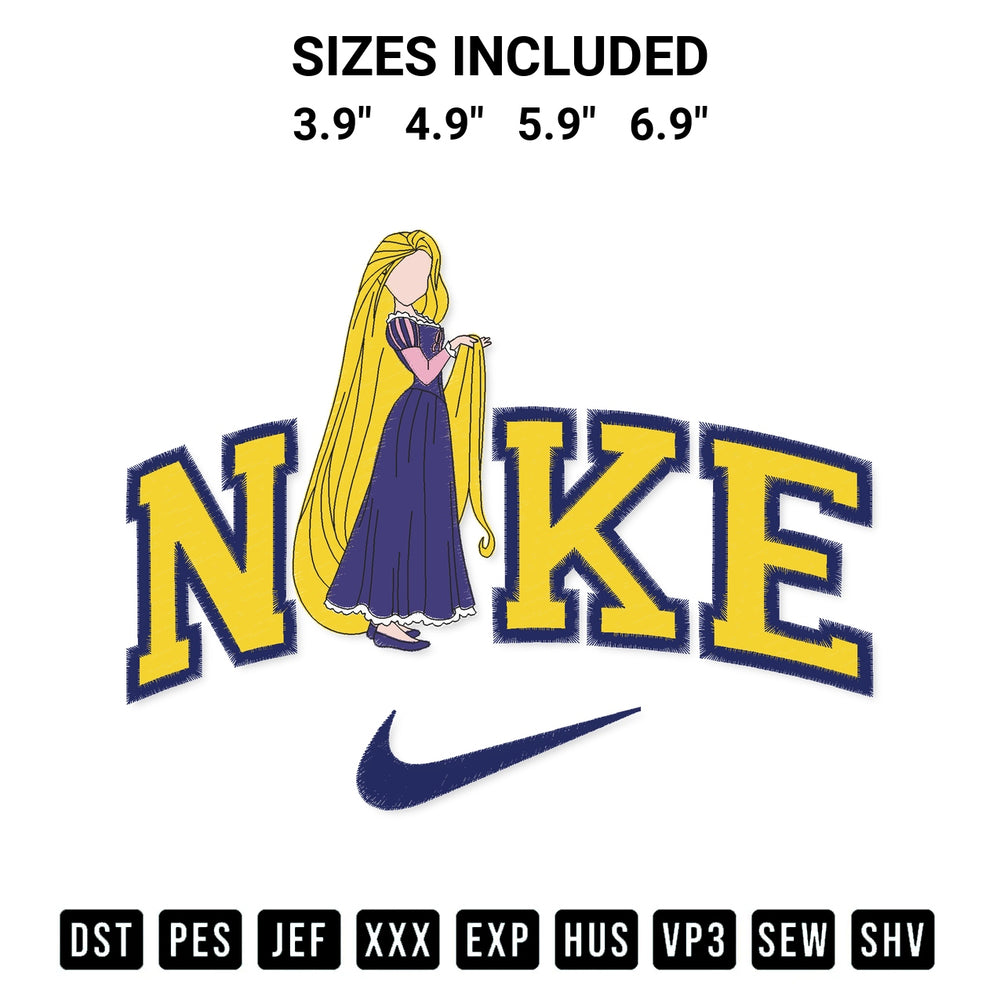Elevate your next project with our Nike Princess Rapunzel Embroidery Design embroidery file. Shop high-quality digital patterns instantly at Designspacks.com. Available sizes: 3.9", 4.9", 5.9", 6.9".