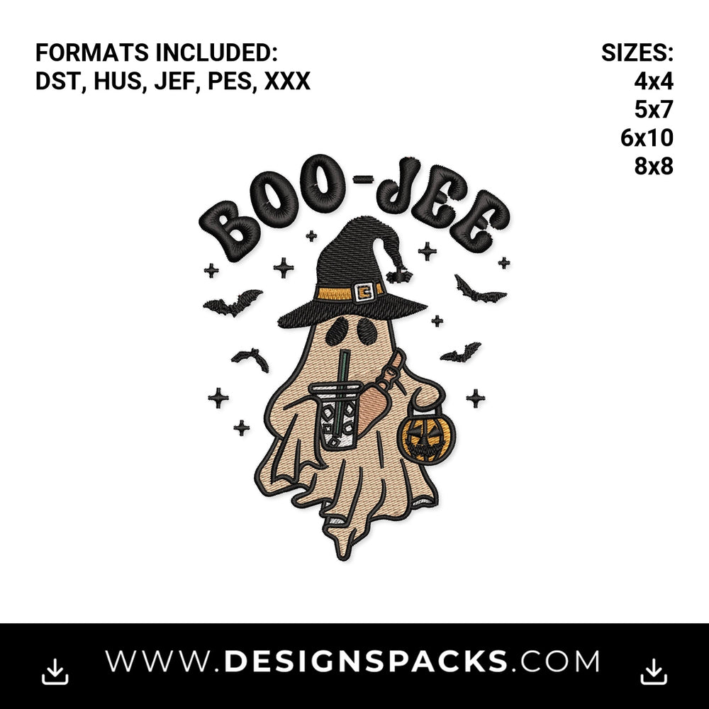 Boo-Jee Halloween Ghost with Iced Coffee Embroidery Design - Instant digital download pattern at Designspacks.com