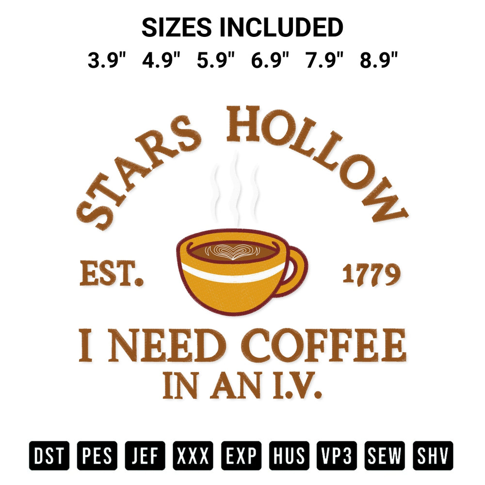 Download the I Need Coffee Stars Hollow Fall Embroidery Design machine embroidery design exclusively at Designspacks.com. Premium digitized pattern for apparel and DIY crafts. Available sizes: 3.9", 4.9", 5.9", 6.9", 7.9", 8.9".