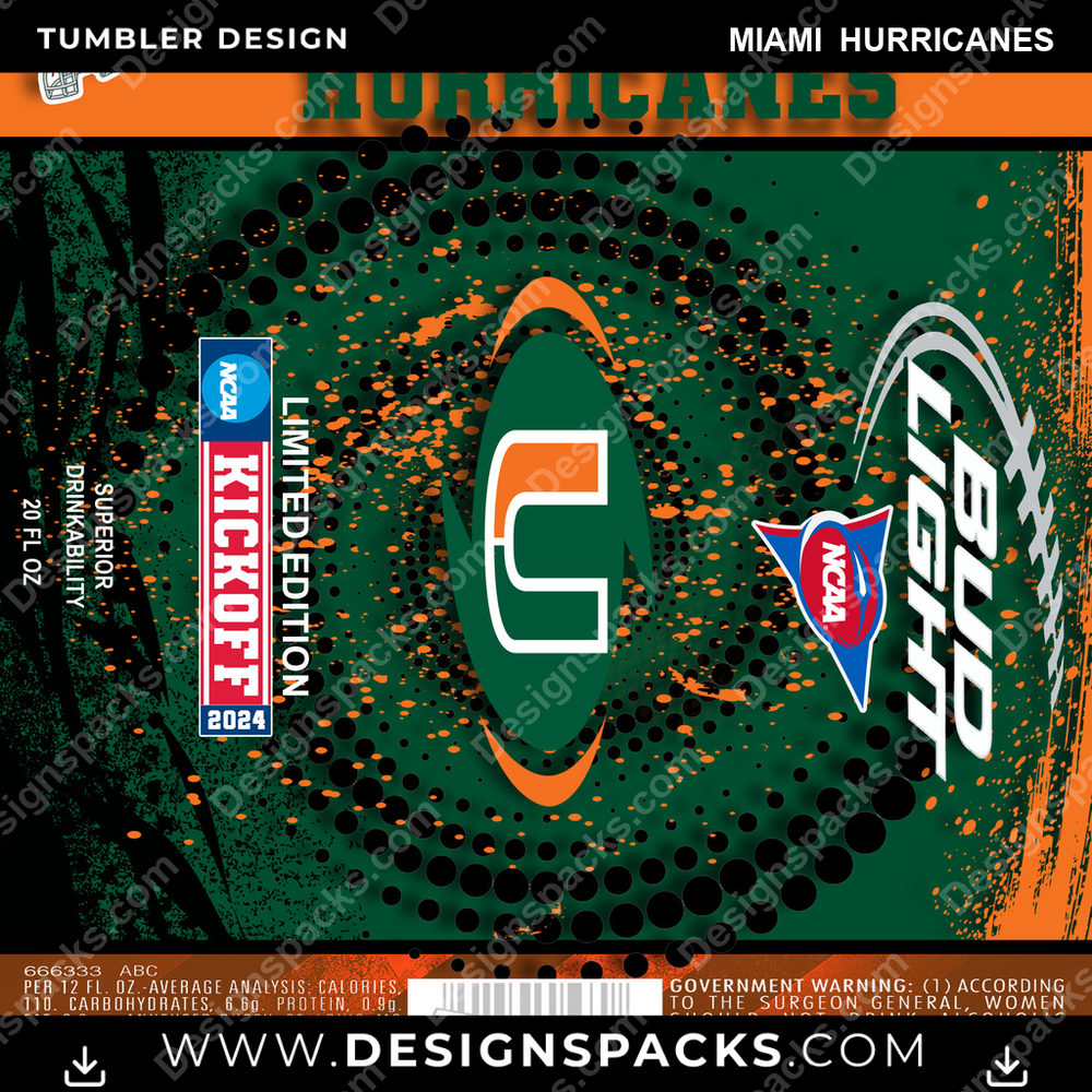 College Sport Bud Miami Hurricanes NCAA College Sport Tumbler Digital Wrap Design Download