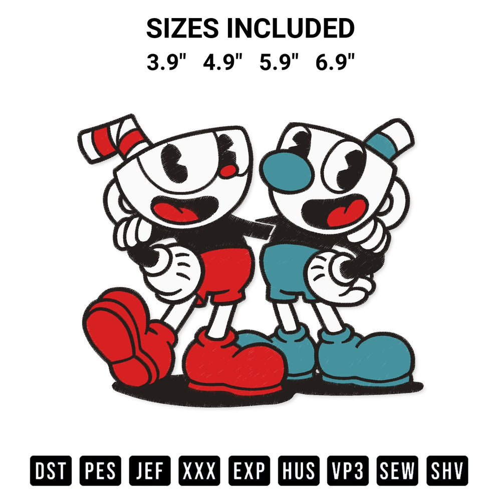 Stitch like a pro with the Cuphead And Mugman Embroidery Design embroidery pattern from Designspacks.com. High-quality digital machine embroidery file. Available sizes: 3.9", 4.9", 5.9", 6.9".