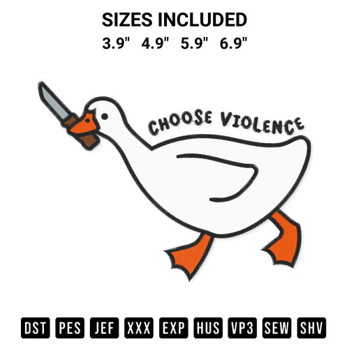 Stitch like a pro with the Choose Violence Funny Duck Embroidery Design embroidery pattern from Designspacks.com. High-quality digital machine embroidery file. Available sizes: 3.9