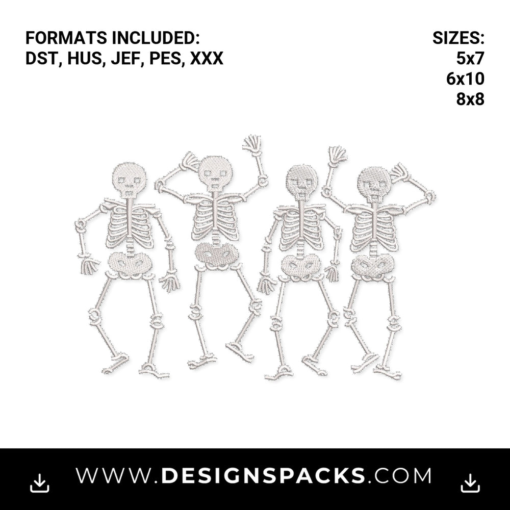 Dancing Skeletons Halloween Pattern Embroidery Design - Instant digital download pattern at Designspacks.com
