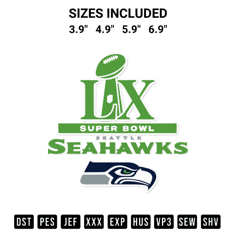Elevate your next project with our Seahawks Football Super Bowl Lx Embroidery Design embroidery file. Shop high-quality digital patterns instantly at Designspacks.com. Available sizes: 3.9", 4.9", 5.9", 6.9".