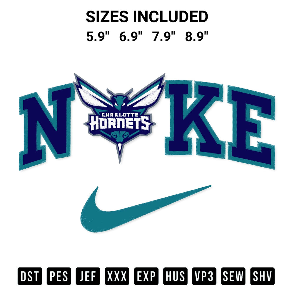 Transform your fabrics with the Nike Charlotte Hornets Embroidery Design embroidery design. Instant access to premium digitized patterns at Designspacks.com. Available sizes: 5.9", 6.9", 7.9", 8.9".