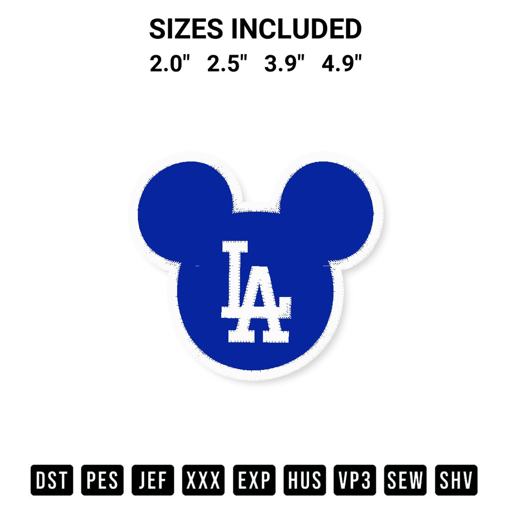 Looking for the perfect pattern? Download the La Dodgers Mickey Ears Embroidery Design embroidery design today at Designspacks.com. Crisp, clean stitching guaranteed. Available sizes: 2.0", 2.5", 3.9", 4.9".
