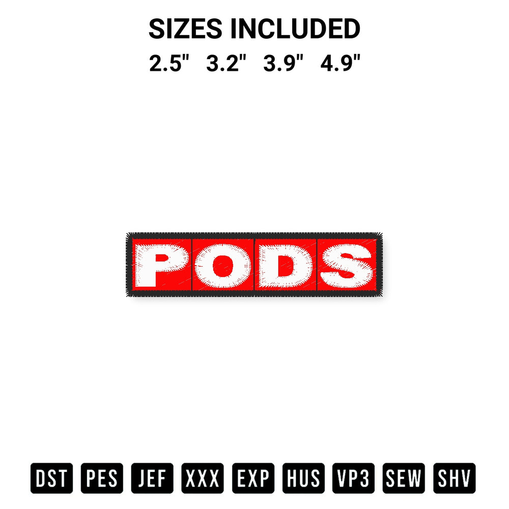 Shop the Pods Logo Embroidery Design machine embroidery pattern at Designspacks.com. Beautifully digitized for flawless stitching on any fabric. Available sizes: 2.5", 3.2", 3.9", 4.9".