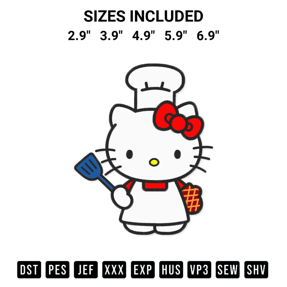 Create amazing crafts with the Hello Kitty Chef Embroidery Design embroidery file. High-quality digital download from Designspacks.com, perfect for beginners and pros. Available sizes: 2.9", 3.9", 4.9", 5.9", 6.9".