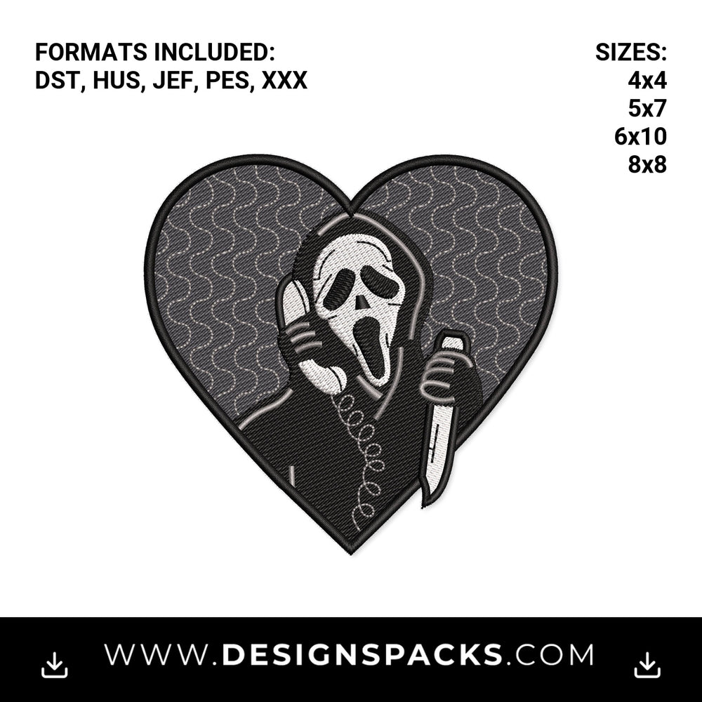 Ghostface Phone Call Heart Patch Embroidery Design - Instant digital download pattern at Designspacks.com