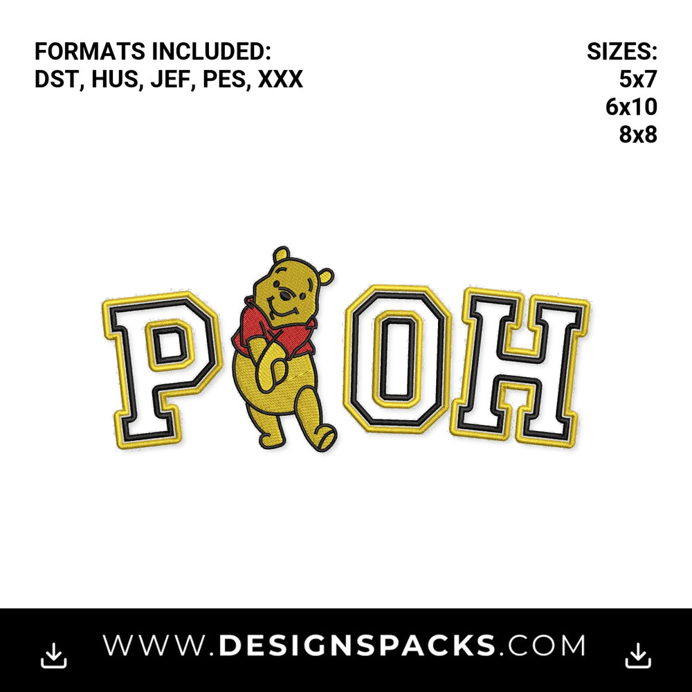 Winnie the Pooh Varsity Letters Embroidery Design - Instant digital download pattern at Designspacks.com