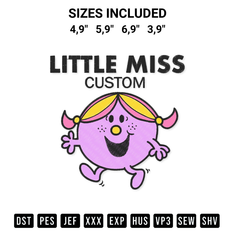 Add a unique touch to your apparel with the Little Miss Funny Custom Gift Mr. Men And Little Miss Tv Series Logo Embroidery Design embroidery file. Premium instant download available now on Designspacks.com. Available sizes: 4,9", 5,9", 6,9", 3,9".