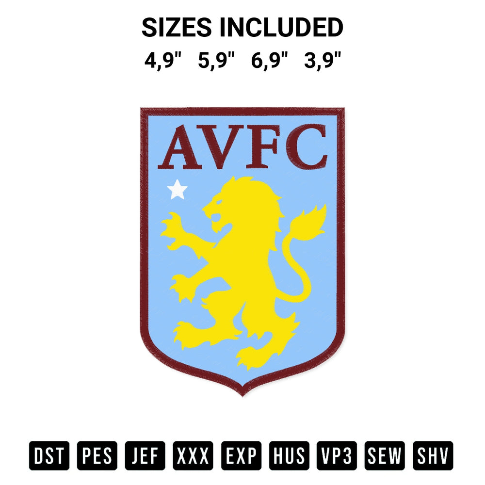 Get the Aston Villa Fc Logo Embroidery Design embroidery design for your custom crafts! Premium digitized files available for instant download at Designspacks.com. Available sizes: 4,9", 5,9", 6,9", 3,9".