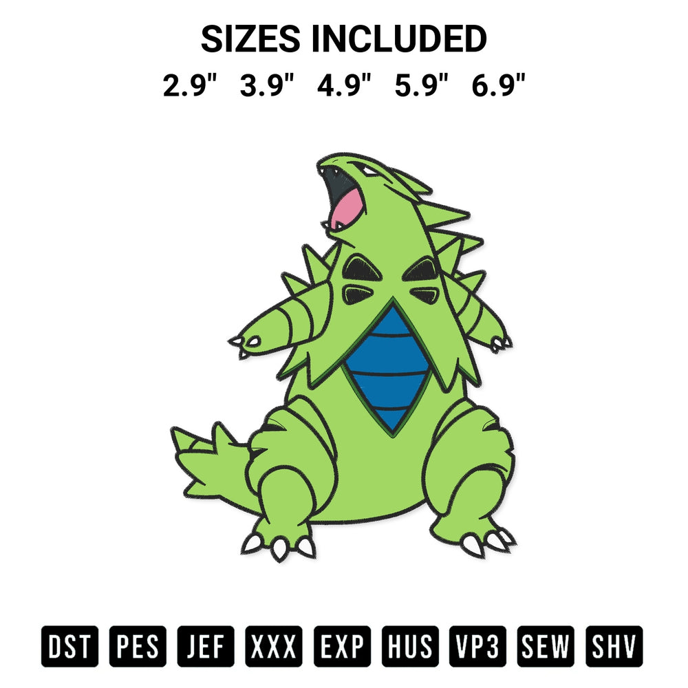 Create amazing crafts with the Tyranitar Pokemon Embroidery Design embroidery file. High-quality digital download from Designspacks.com, perfect for beginners and pros. Available sizes: 2.9", 3.9", 4.9", 5.9", 6.9".