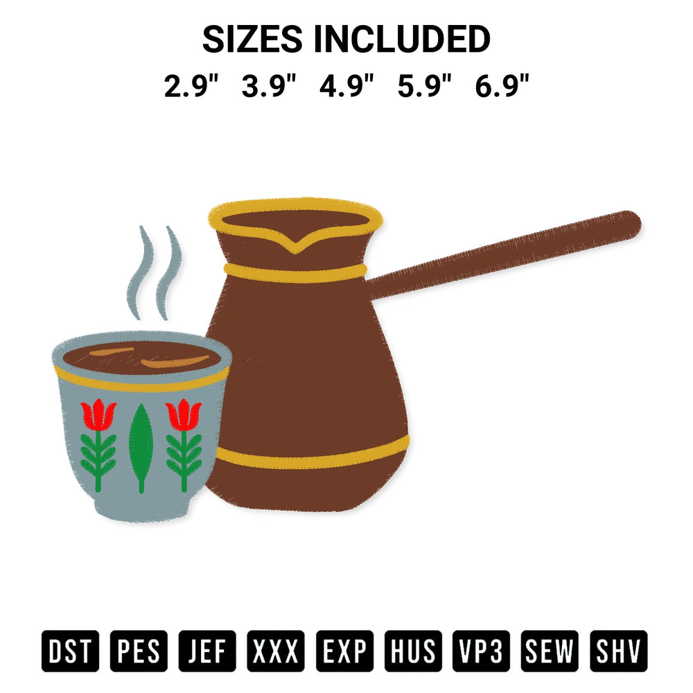 Shop the Coffee Pot Embroidery Design machine embroidery pattern at Designspacks.com. Beautifully digitized for flawless stitching on any fabric. Available sizes: 2.9", 3.9", 4.9", 5.9", 6.9".
