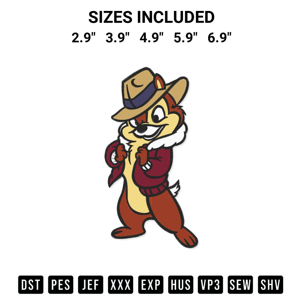 Add a unique touch to your apparel with the Chip Disney Embroidery Design embroidery file. Premium instant download available now on Designspacks.com. Available sizes: 2.9", 3.9", 4.9", 5.9", 6.9".