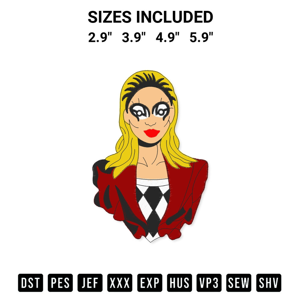Create amazing crafts with the Harley Quinn Embroidery Design embroidery file. High-quality digital download from Designspacks.com, perfect for beginners and pros. Available sizes: 2.9", 3.9", 4.9", 5.9".