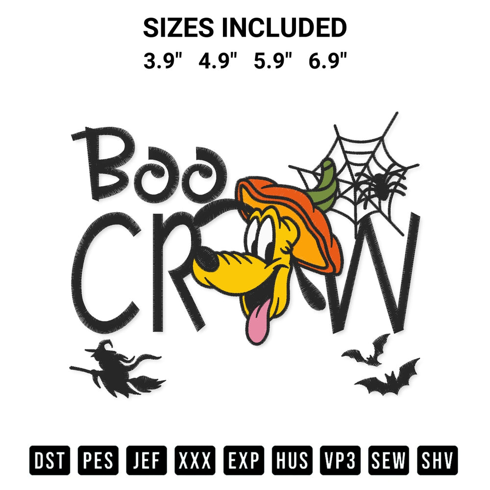Transform your fabrics with the Pluto Boo Crew Pumpkin Embroidery Design embroidery design. Instant access to premium digitized patterns at Designspacks.com. Available sizes: 3.9", 4.9", 5.9", 6.9".