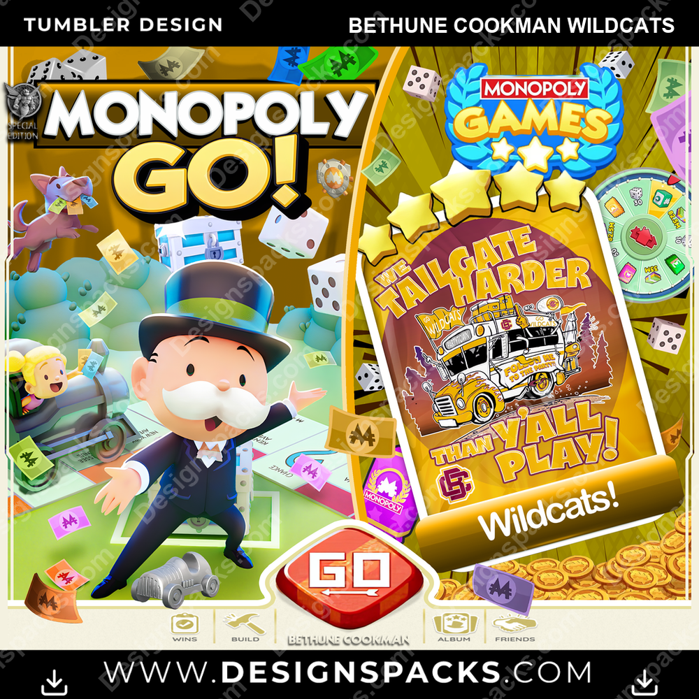 College Sport Monopoly Go! Bethune Cookman Wildcats NCAA College Sport Tumbler Digital Wrap Design Download