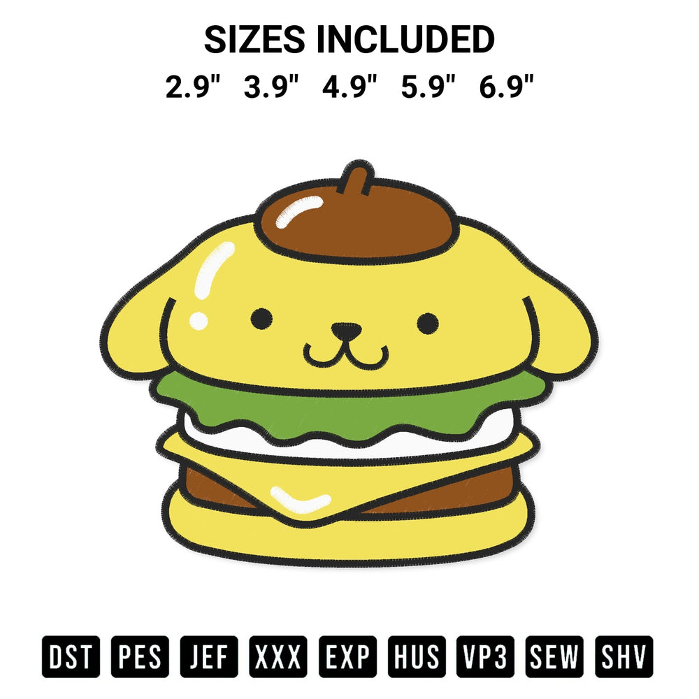 Discover the perfect addition to your crafting collection: Pompompurin Burger Embroidery Design embroidery file. Instantly available at Designspacks.com. Available sizes: 2.9", 3.9", 4.9", 5.9", 6.9".