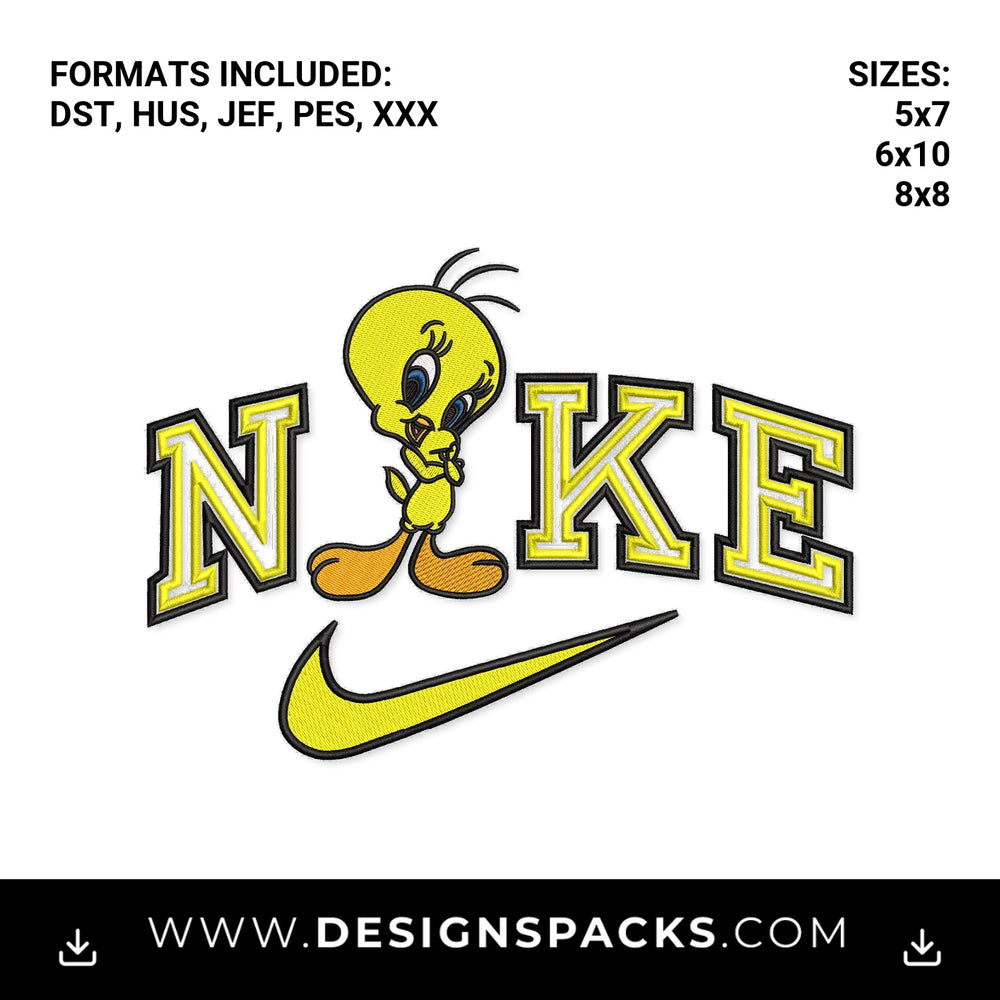 Tweety Bird Yellow Nike Swoosh Logo Embroidery Design - Instant digital download pattern at Designspacks.com