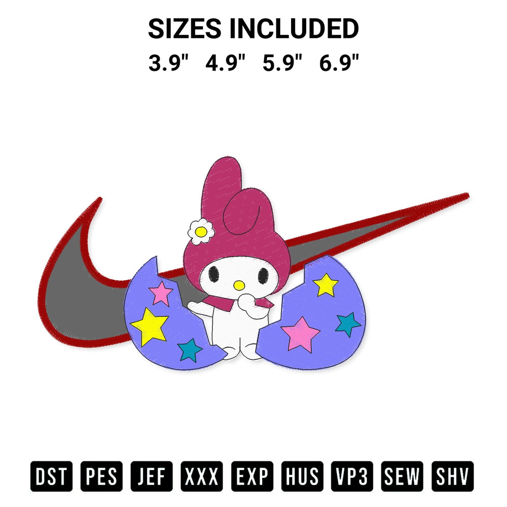 Get the My Melody Swoosh Embroidery Design embroidery design for your custom crafts! Premium digitized files available for instant download at Designspacks.com. Available sizes: 3.9", 4.9", 5.9", 6.9".