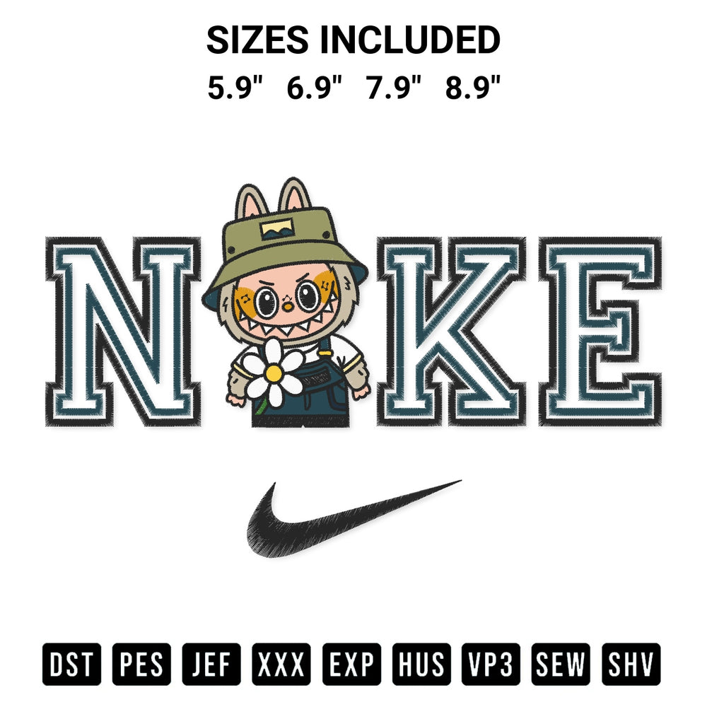 Add a unique touch to your apparel with the Nike Labubu Daisy Farmer Embroidery Design embroidery file. Premium instant download available now on Designspacks.com. Available sizes: 5.9", 6.9", 7.9", 8.9".