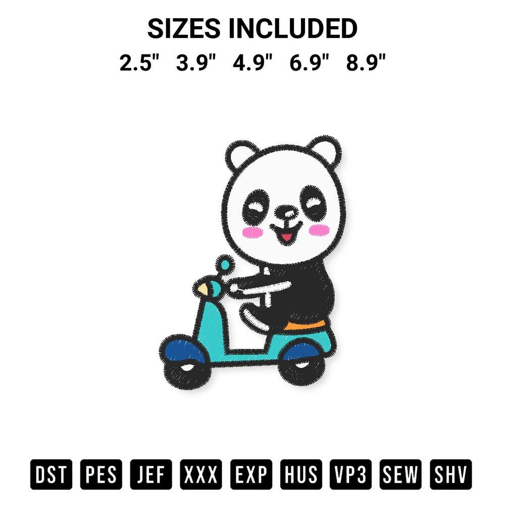 Shop the Panda Riding A Motorbike Embroidery Design machine embroidery pattern at Designspacks.com. Beautifully digitized for flawless stitching on any fabric. Available sizes: 2.5", 3.9", 4.9", 6.9", 8.9".