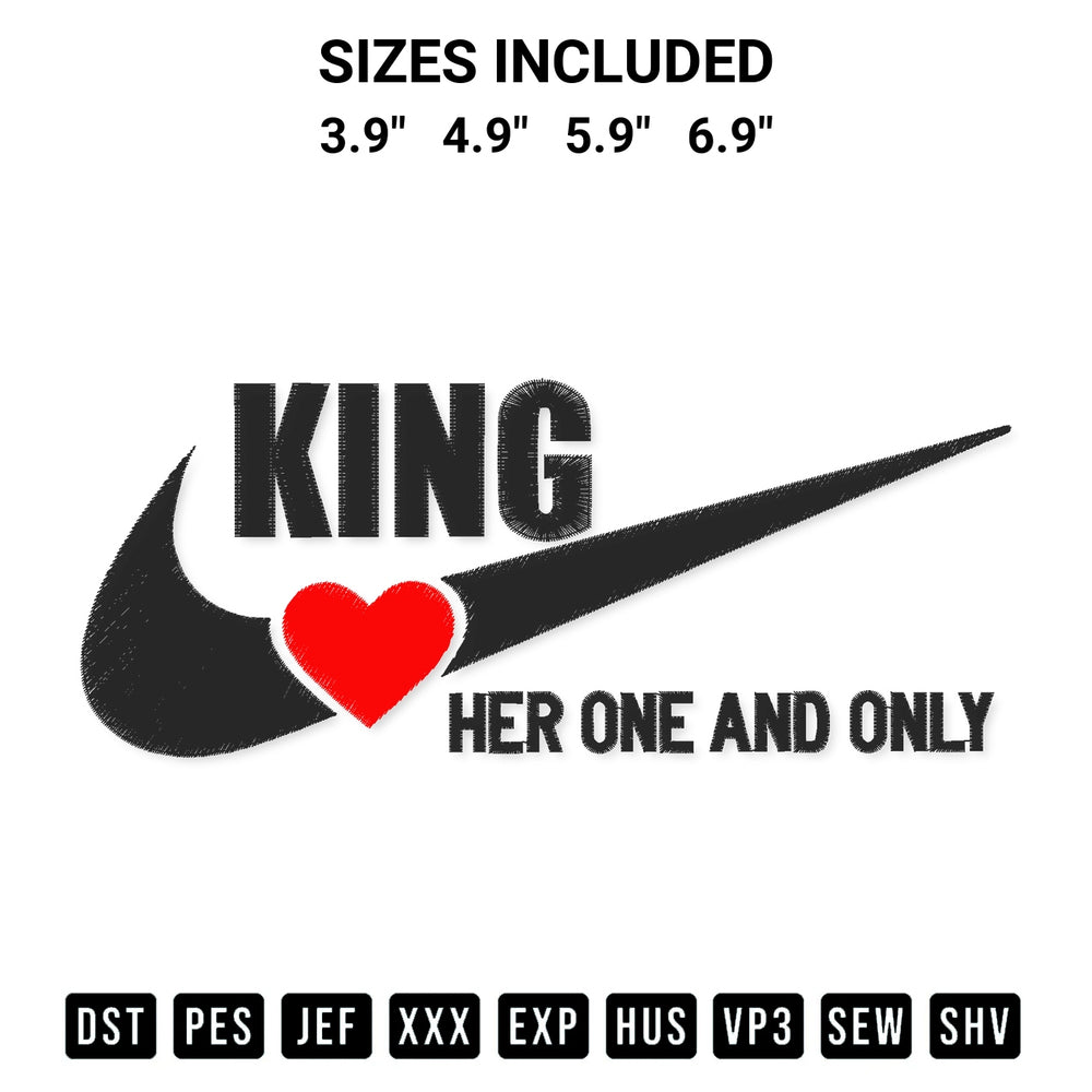 Stitch like a pro with the King Her One And Only Embroidery Design embroidery pattern from Designspacks.com. High-quality digital machine embroidery file. Available sizes: 3.9", 4.9", 5.9", 6.9".