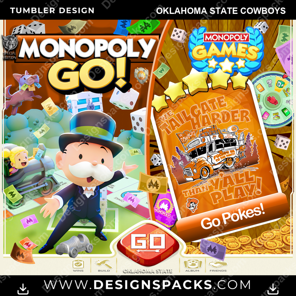 College Sport Monopoly Go! Oklahoma State Cowboys NCAA College Sport Tumbler Digital Wrap Design Download