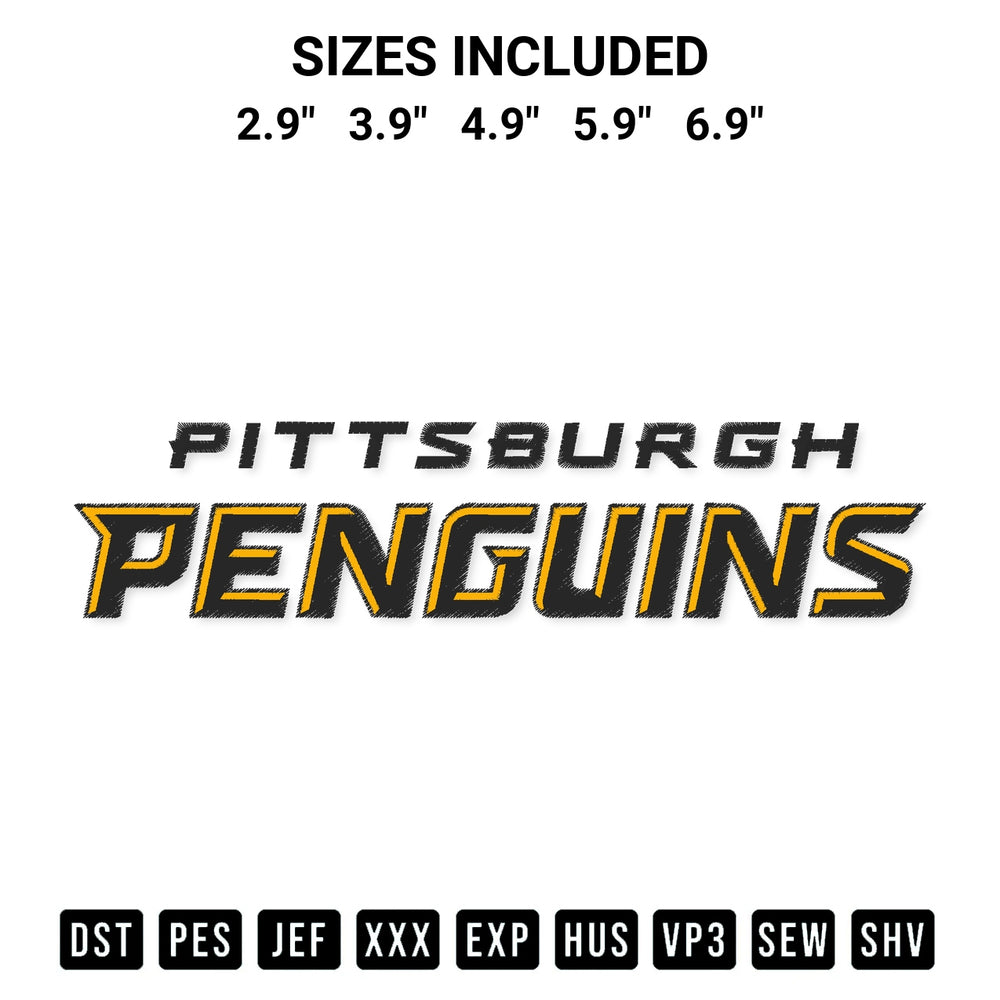 Add a unique touch to your apparel with the Pittsburgh Penguins Wordmark Embroidery Design embroidery file. Premium instant download available now on Designspacks.com. Available sizes: 2.9", 3.9", 4.9", 5.9", 6.9".