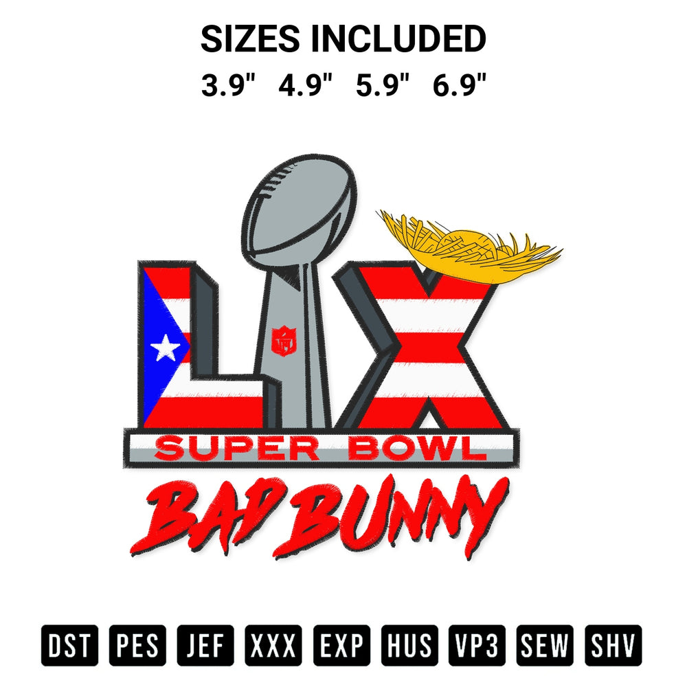 Looking for the perfect pattern? Download the Super Bowl Lx Bad Bunny Embroidery Design embroidery design today at Designspacks.com. Crisp, clean stitching guaranteed. Available sizes: 3.9", 4.9", 5.9", 6.9".