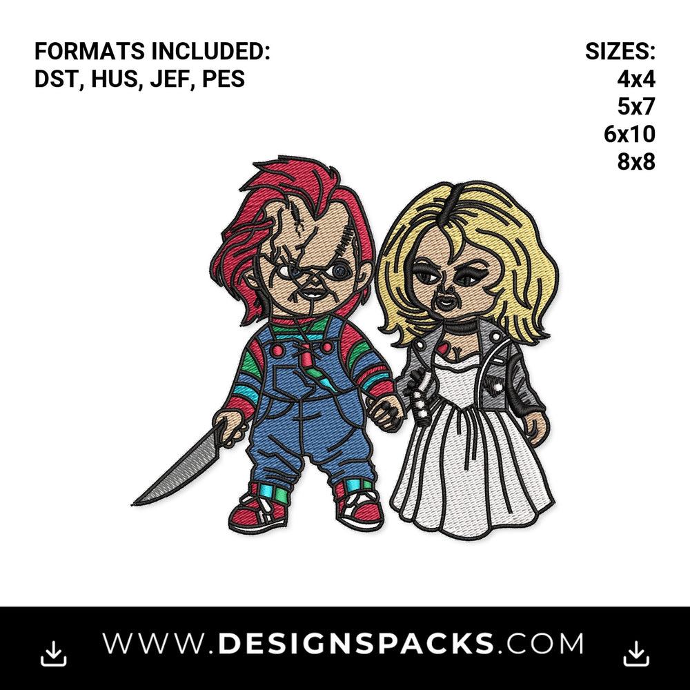 Chucky and Tiffany Horror Couple Embroidery Design - Instant digital download pattern at Designspacks.com