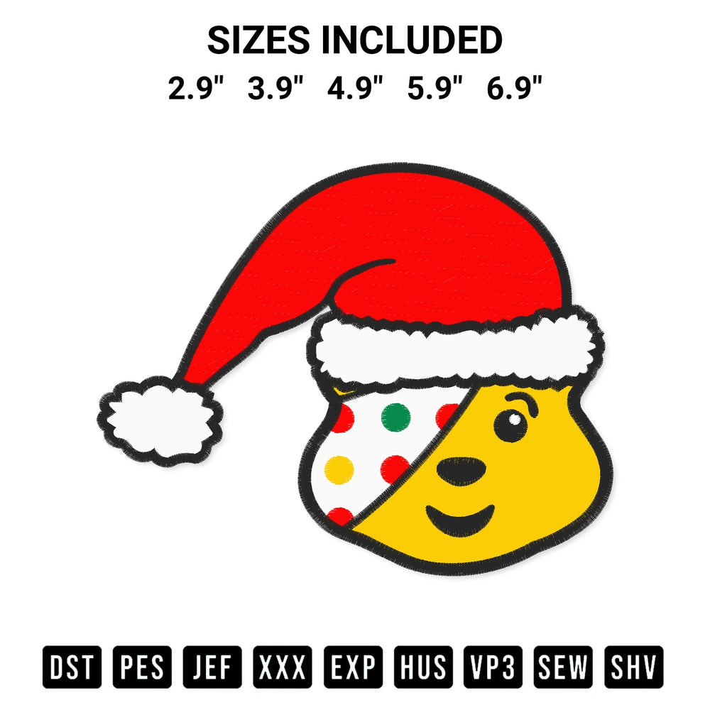 Add a unique touch to your apparel with the Pudsey Bear Face Santa Embroidery Design embroidery file. Premium instant download available now on Designspacks.com. Available sizes: 2.9", 3.9", 4.9", 5.9", 6.9".