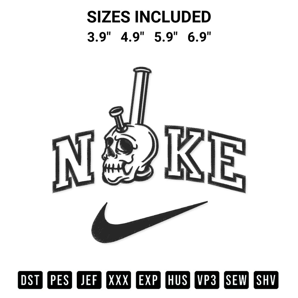 Elevate your next project with our Skull Smoking Pipe Nike Embroidery Design embroidery file. Shop high-quality digital patterns instantly at Designspacks.com. Available sizes: 3.9", 4.9", 5.9", 6.9".