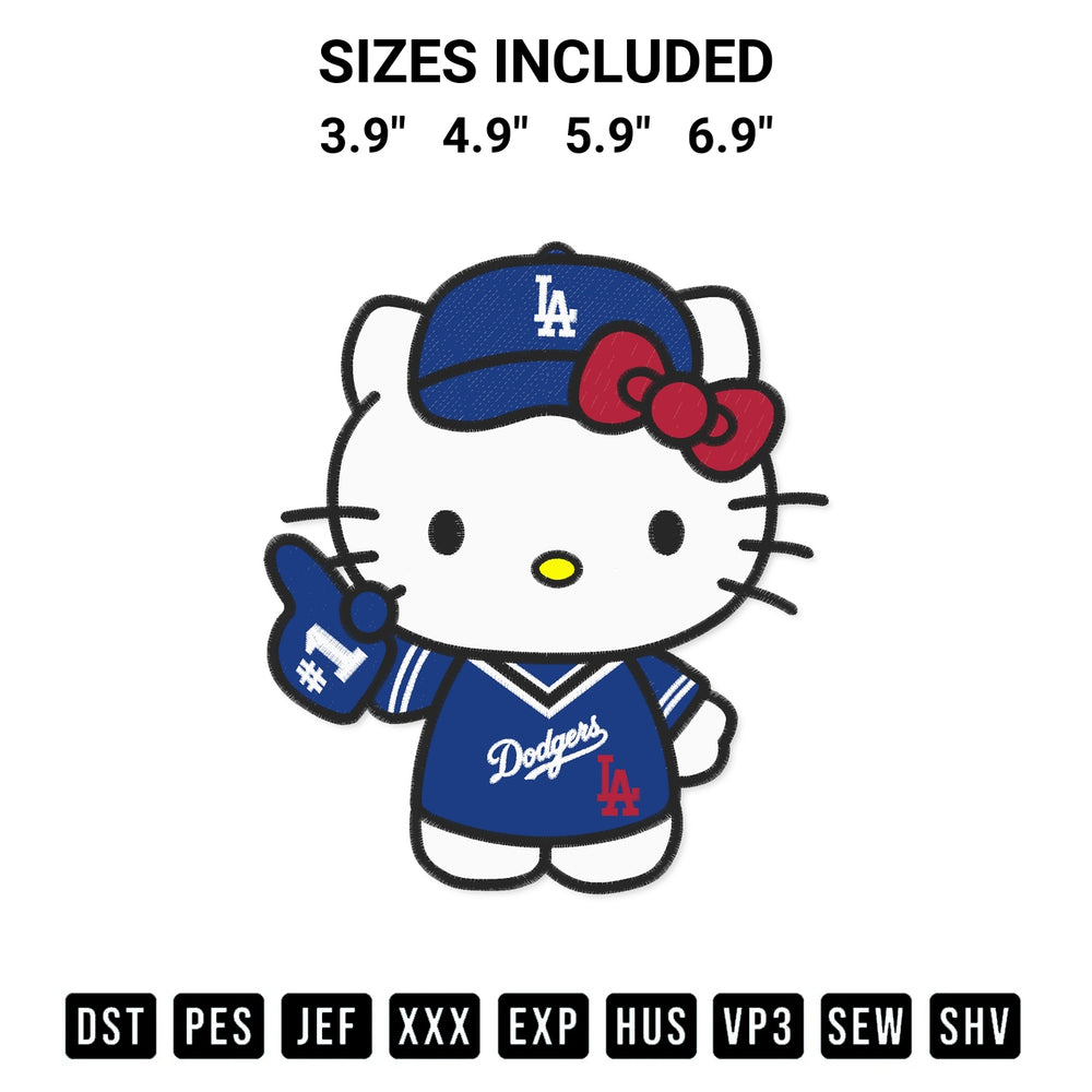 Stitch like a pro with the Los Angeles Dodgers Hello Kitty Embroidery Design embroidery pattern from Designspacks.com. High-quality digital machine embroidery file. Available sizes: 3.9", 4.9", 5.9", 6.9".