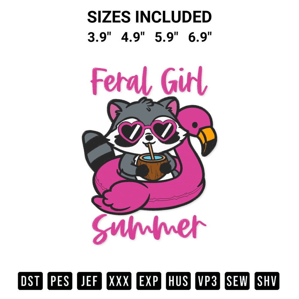 Shop the Feral Girl Summer Raccoon Embroidery Design machine embroidery pattern at Designspacks.com. Beautifully digitized for flawless stitching on any fabric. Available sizes: 3.9", 4.9", 5.9", 6.9".