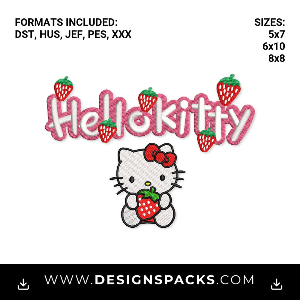 Strawberry Hello Kitty Character & Text Embroidery Design - Instant digital download pattern at Designspacks.com