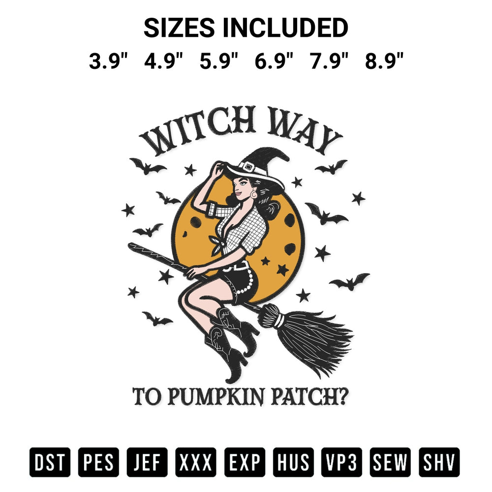 Shop the Witch Way To Pumpkin Patch Embroidery Design machine embroidery pattern at Designspacks.com. Beautifully digitized for flawless stitching on any fabric. Available sizes: 3.9", 4.9", 5.9", 6.9", 7.9", 8.9".