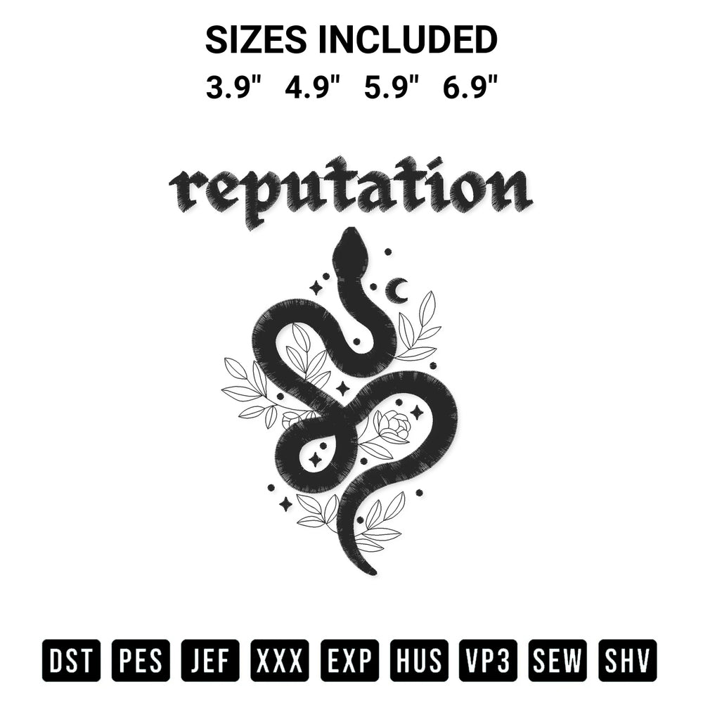 Discover the perfect addition to your crafting collection: Reputation Snake Taylor Swift Embroidery Design embroidery file. Instantly available at Designspacks.com. Available sizes: 3.9", 4.9", 5.9", 6.9".
