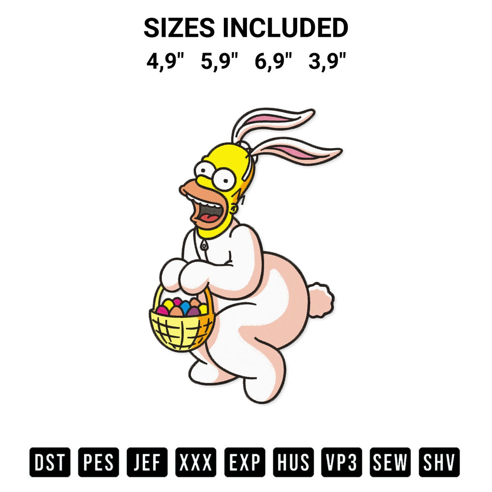 Create amazing crafts with the Homer Simpson Dressed Up As A Bunny Logo Embroidery Design embroidery file. High-quality digital download from Designspacks.com, perfect for beginners and pros. Available sizes: 4,9", 5,9", 6,9", 3,9".