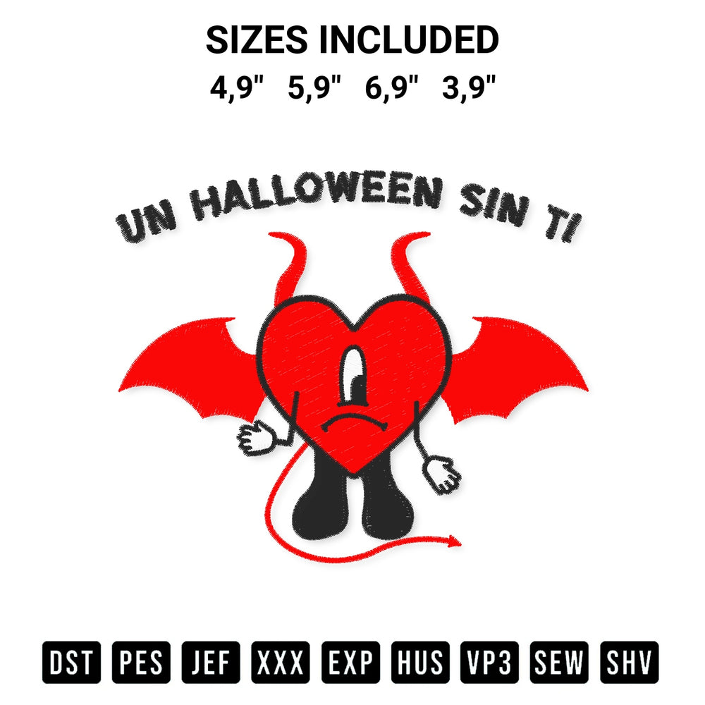 Transform your fabrics with the Devil Sad Heart Un Halloween Sin Ti Bad Bunny Un Verano Sin Ti Logo Embroidery Design embroidery design. Instant access to premium digitized patterns at Designspacks.com. Available sizes: 4,9", 5,9", 6,9", 3,9".