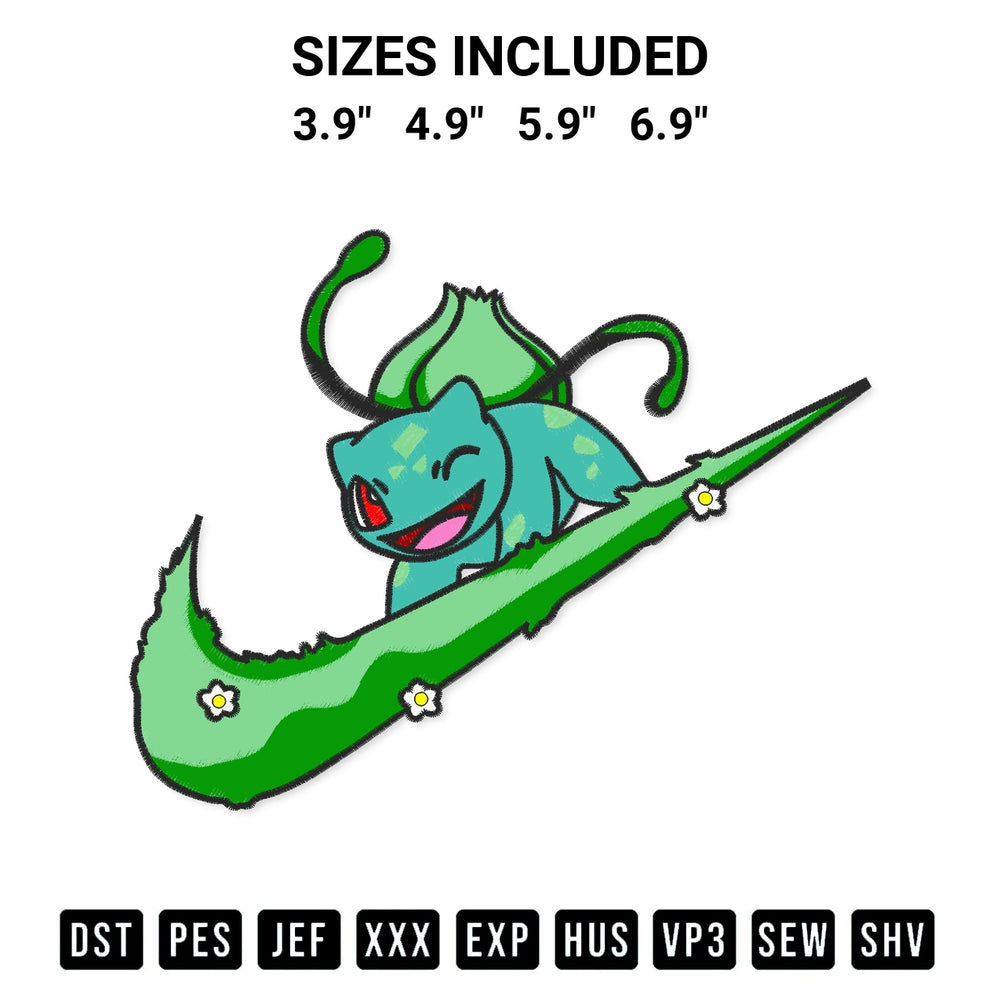 Stitch like a pro with the Bulbasaur Logo Nike Embroidery Design embroidery pattern from Designspacks.com. High-quality digital machine embroidery file. Available sizes: 3.9", 4.9", 5.9", 6.9".