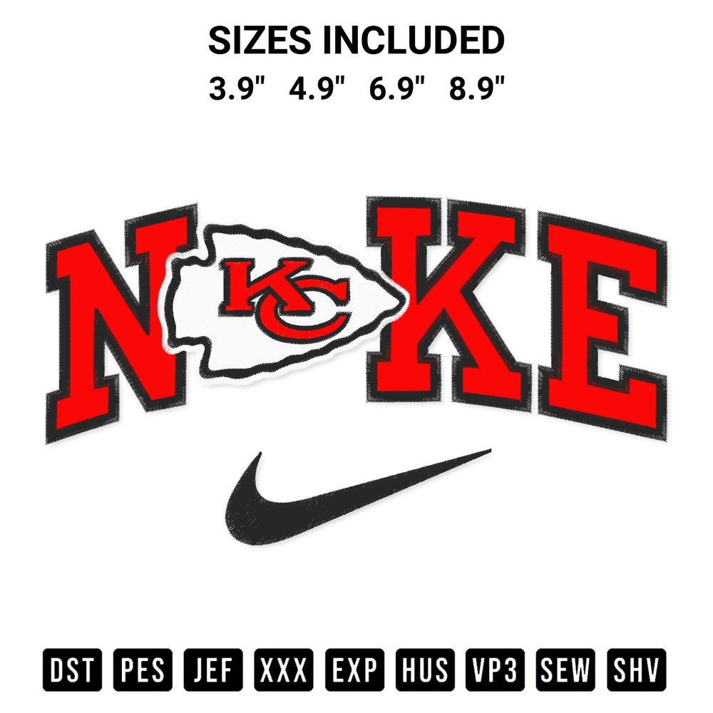 Discover the perfect addition to your crafting collection: Kansas City Chiefs X Nike Embroidery Design embroidery file. Instantly available at Designspacks.com. Available sizes: 3.9", 4.9", 6.9", 8.9".
