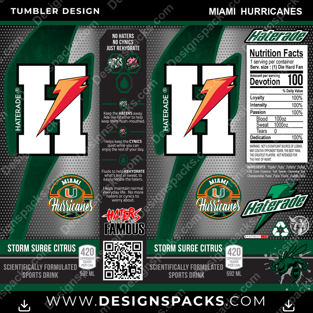 College Sport Haterade Miami Hurricanes NCAA College Sport Tumbler Digital Wrap Design Download