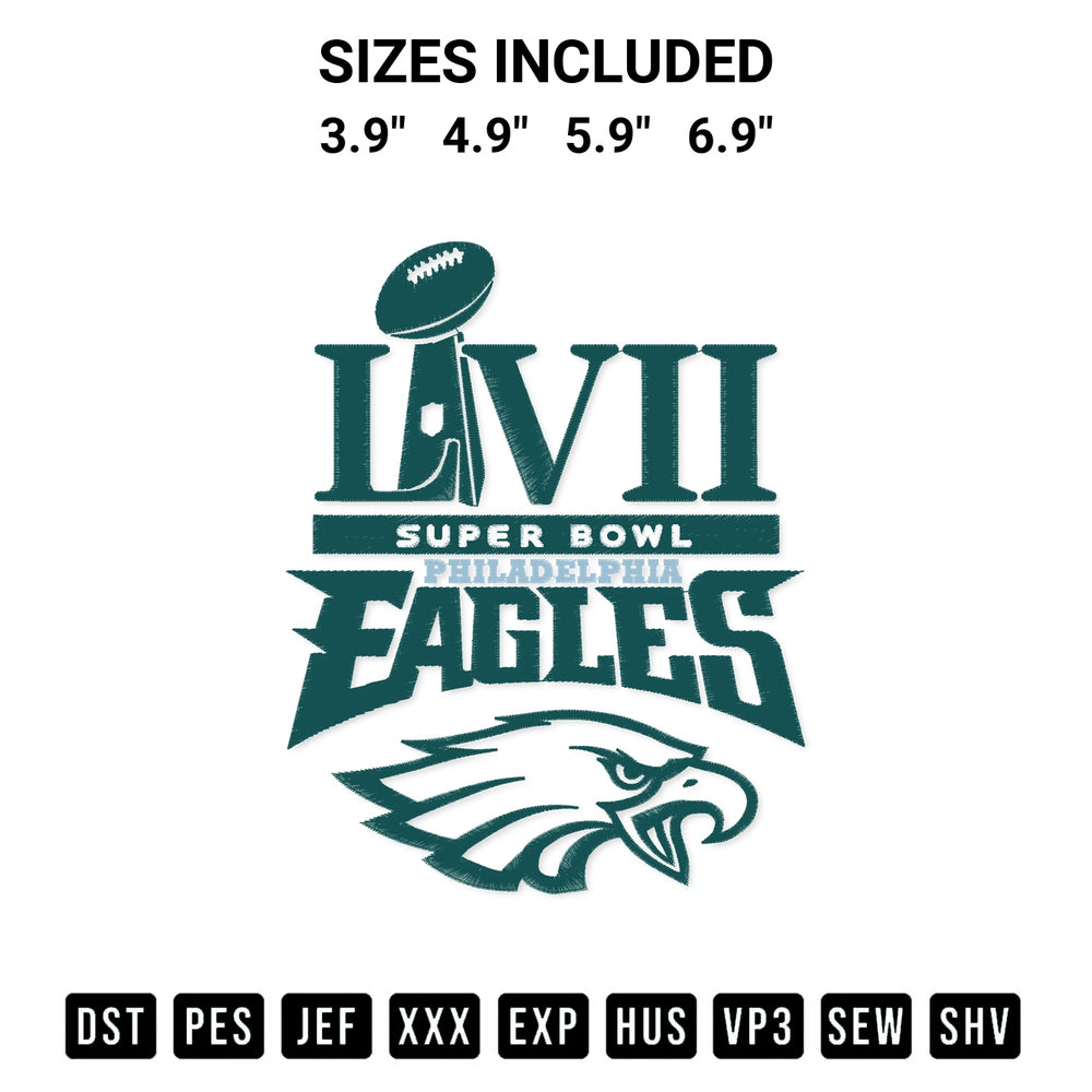 Discover the perfect addition to your crafting collection: Champions Lix Super Bowl Philadelphia Eagles Embroidery Design embroidery file. Instantly available at Designspacks.com. Available sizes: 3.9", 4.9", 5.9", 6.9".