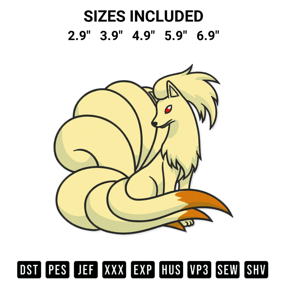 Shop the Ninetales Pokemon Embroidery Design machine embroidery pattern at Designspacks.com. Beautifully digitized for flawless stitching on any fabric. Available sizes: 2.9", 3.9", 4.9", 5.9", 6.9".