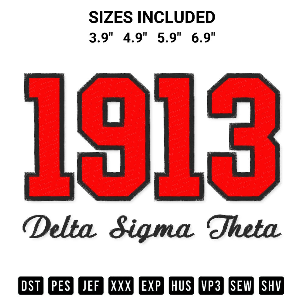 Elevate your next project with our 1913 Delta Sigma Theta Embroidery Design embroidery file. Shop high-quality digital patterns instantly at Designspacks.com. Available sizes: 3.9", 4.9", 5.9", 6.9".