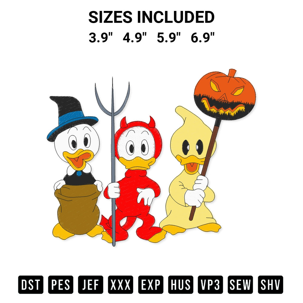 Shop the Huey Dewey And Louie Halloween Embroidery Design machine embroidery pattern at Designspacks.com. Beautifully digitized for flawless stitching on any fabric. Available sizes: 3.9", 4.9", 5.9", 6.9".